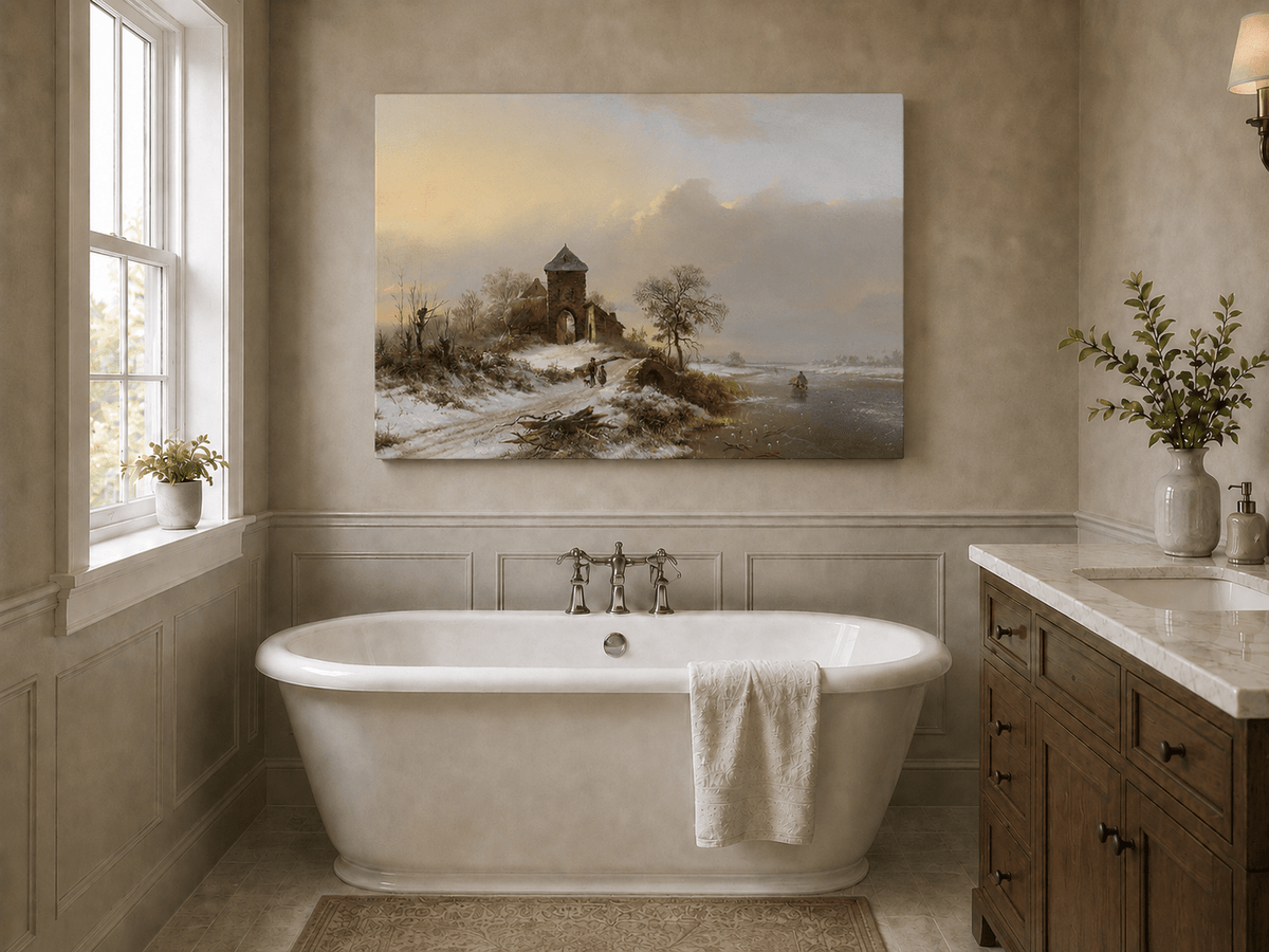 Landscape Oil Painting - Winter Village Gate and River