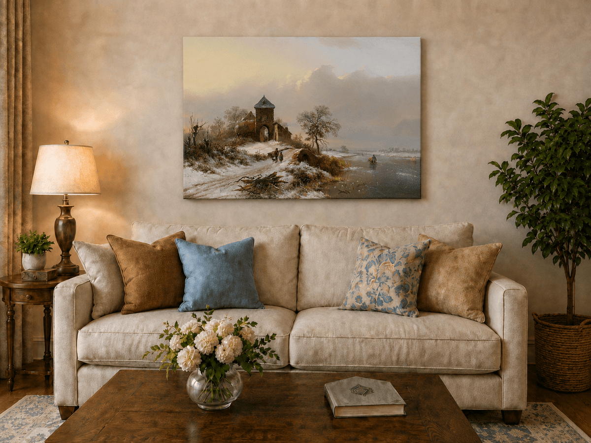 Landscape Oil Painting - Winter Village Gate and River