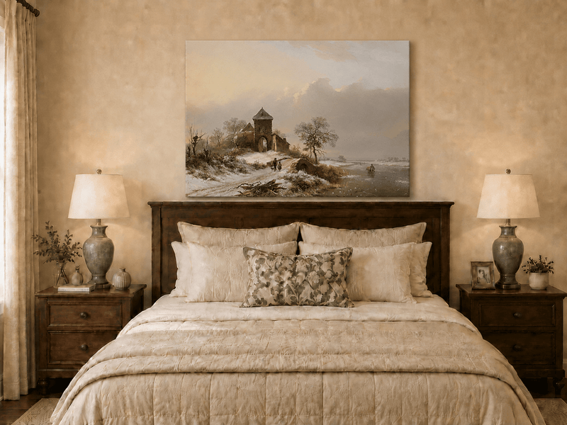 Landscape Oil Painting - Winter Village Gate and River