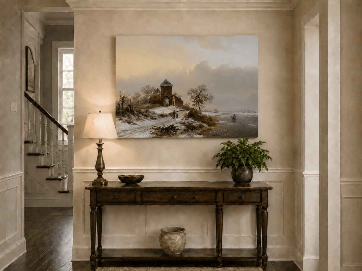 Landscape Oil Painting - Winter Village Gate and River