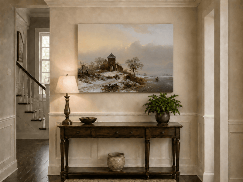 Landscape Oil Painting - Winter Village Gate and River
