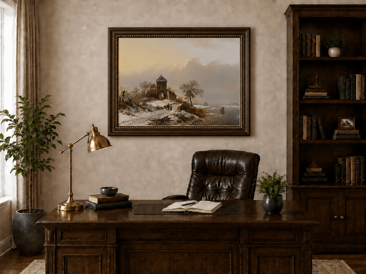 Landscape Oil Painting - Winter Village Gate and River