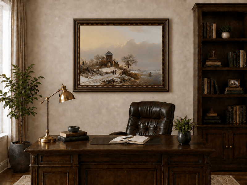 Landscape Oil Painting - Winter Village Gate and River