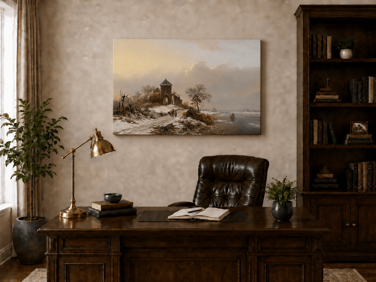 Landscape Oil Painting - Winter Village Gate and River