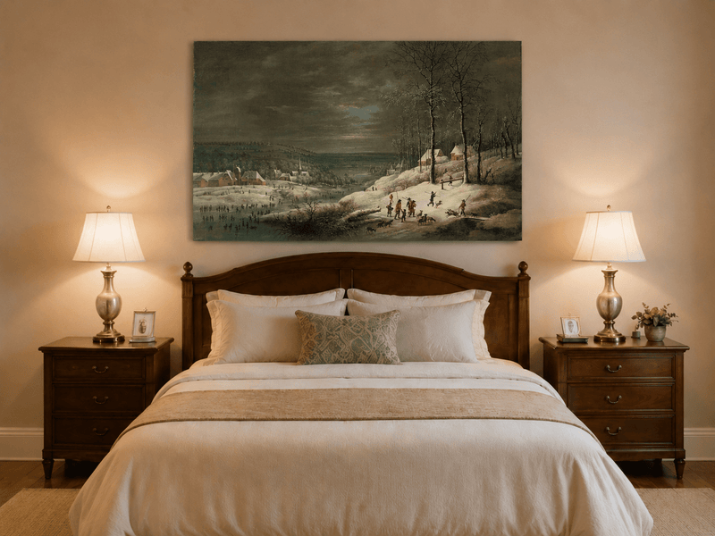 Peinture à l'huile de paysage - Village côtier avec phare et coucher de soleil
