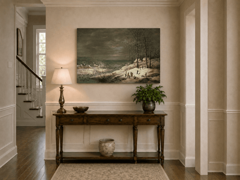 Peinture à l'huile de paysage - Village côtier avec phare et coucher de soleil