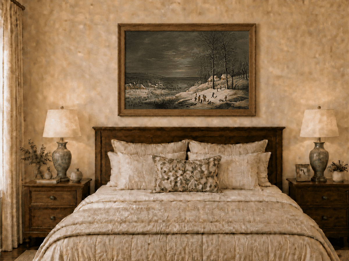 Peinture à l'huile de paysage - Village côtier avec phare et coucher de soleil