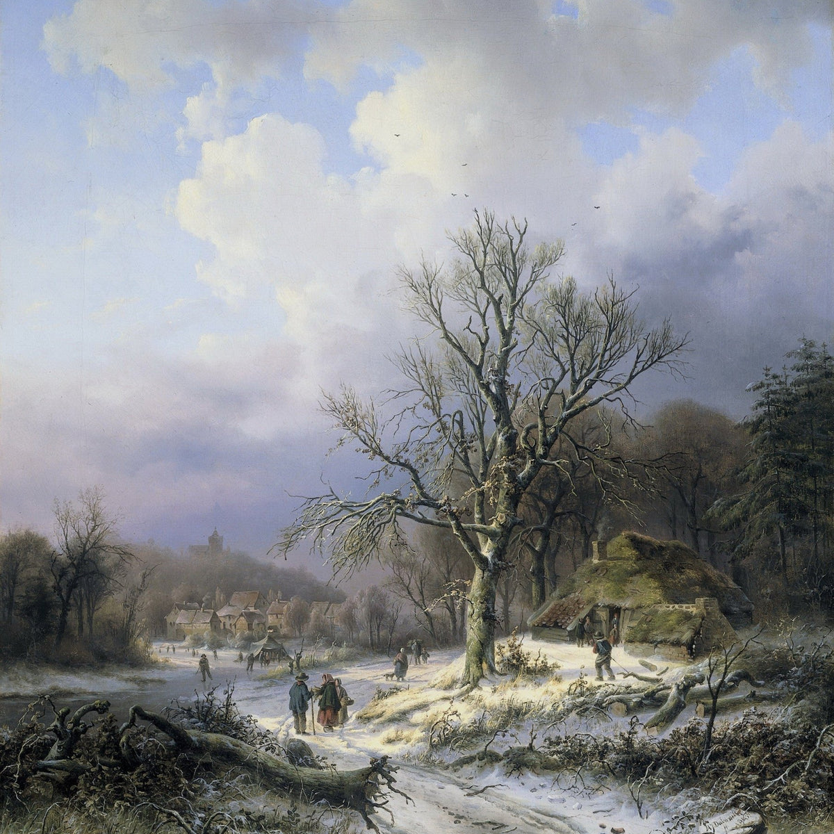 Landscape Oil Painting - Winter Village Path with Bare Tree - Oil Painting Haven