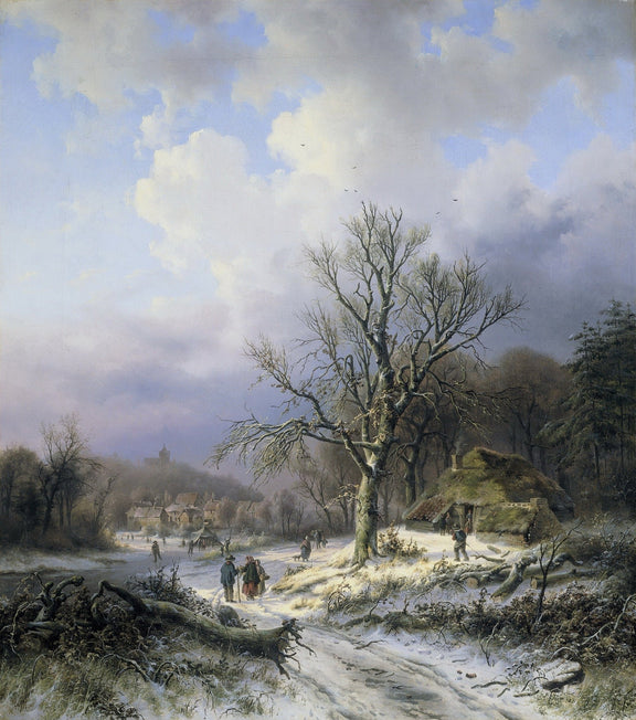 Landscape Oil Painting - Winter Village Path with Bare Tree - Oil Painting Haven