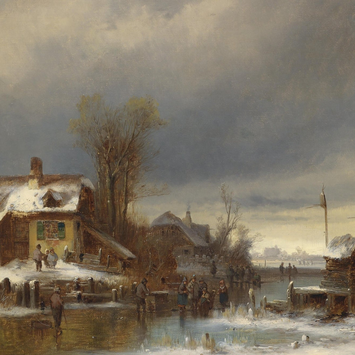 Hand-painted winter village pond with skaters and snow landscape oil painting on canvas