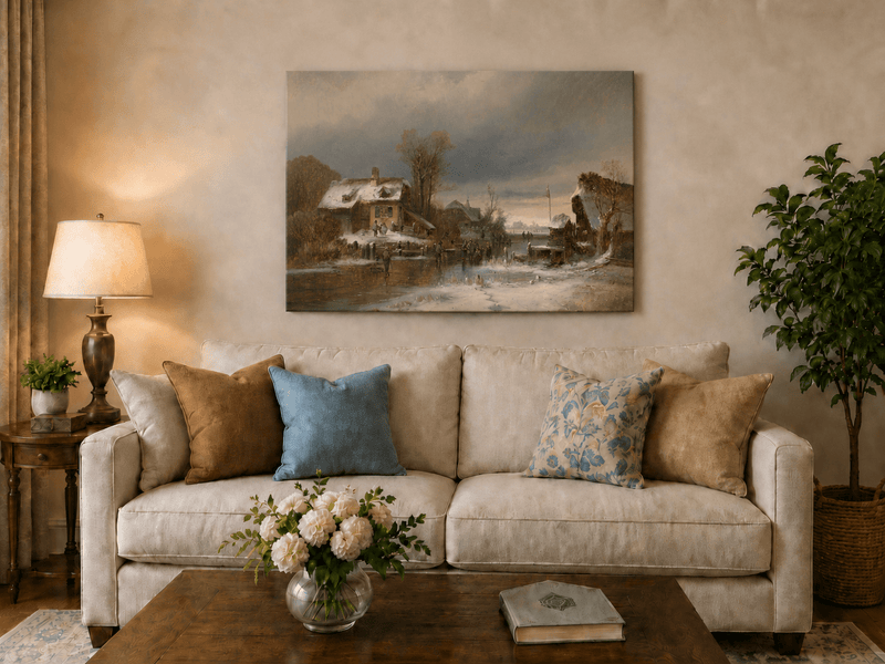 Peinture à l'huile de paysage - Gouffre rocheux spectaculaire avec personnages