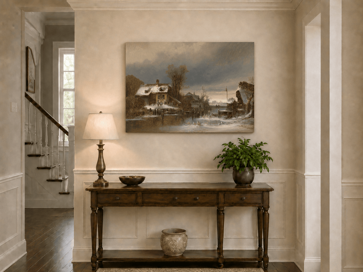Peinture à l'huile de paysage - Gouffre rocheux spectaculaire avec personnages