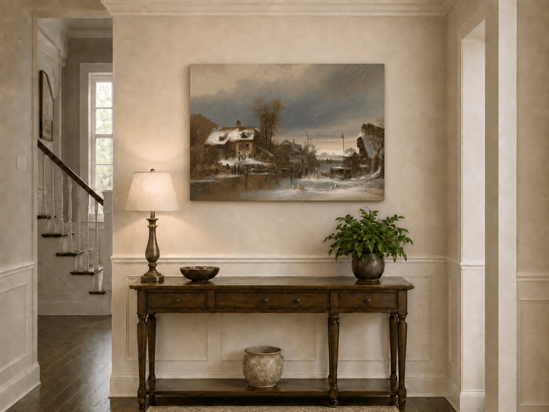 Peinture à l'huile de paysage - Gouffre rocheux spectaculaire avec personnages