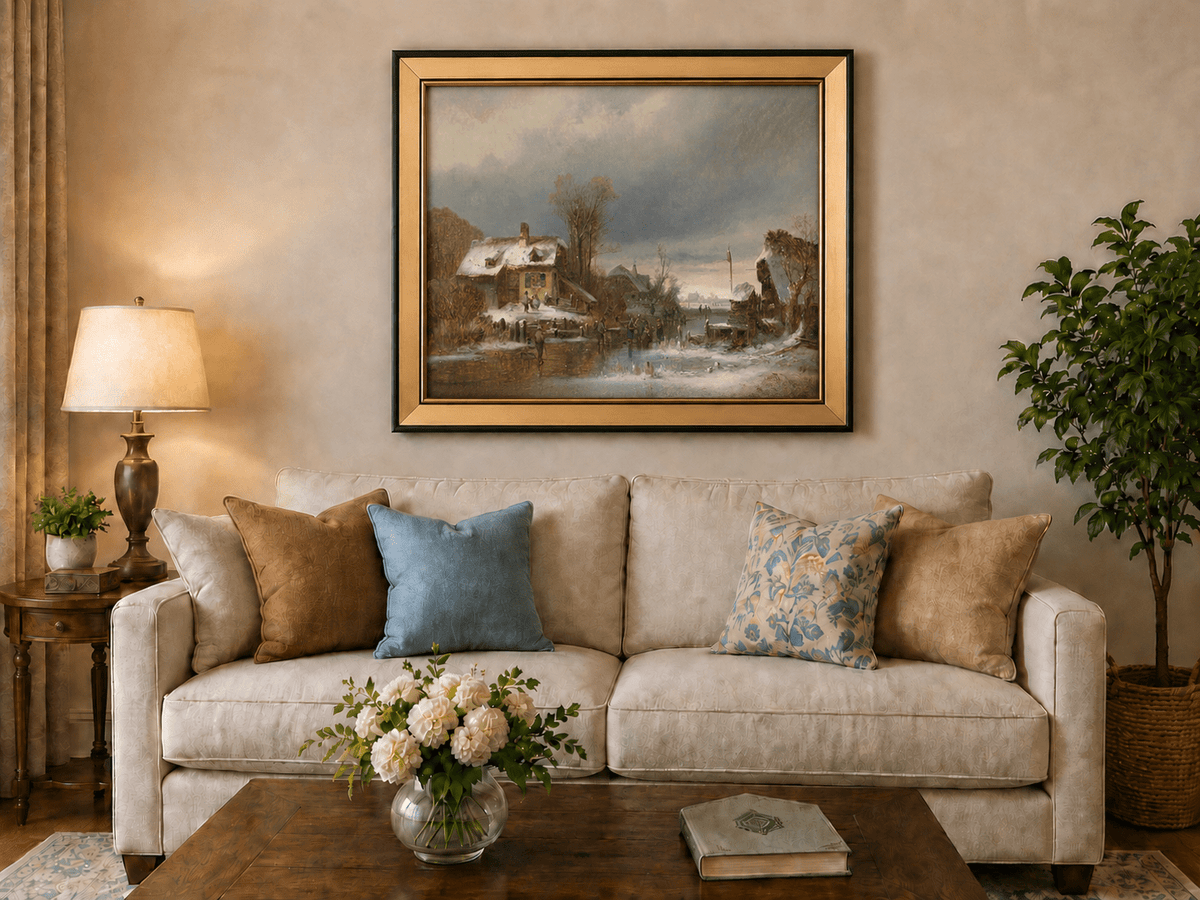 Peinture à l'huile de paysage - Gouffre rocheux spectaculaire avec personnages