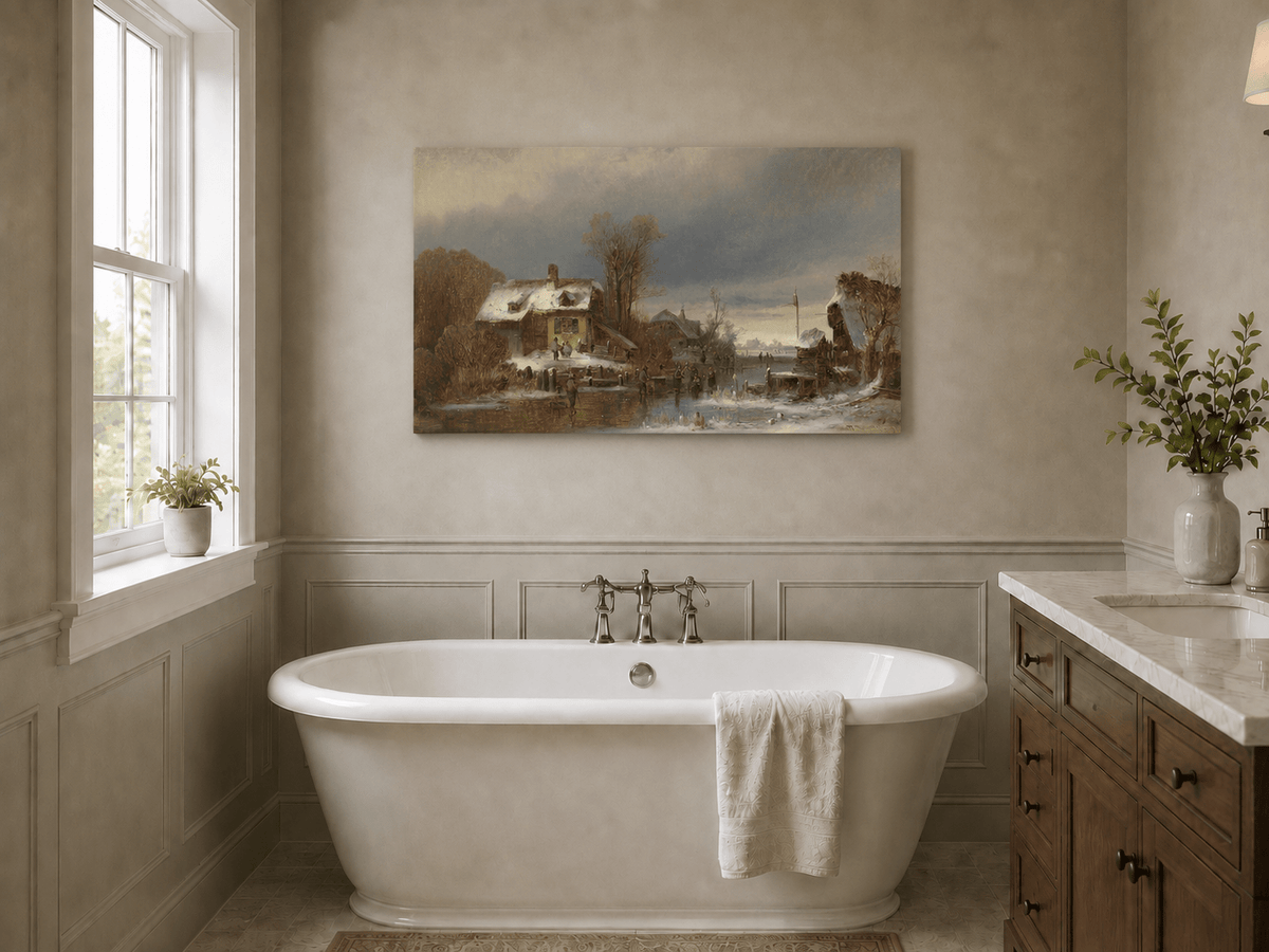 Peinture à l'huile de paysage - Gouffre rocheux spectaculaire avec personnages