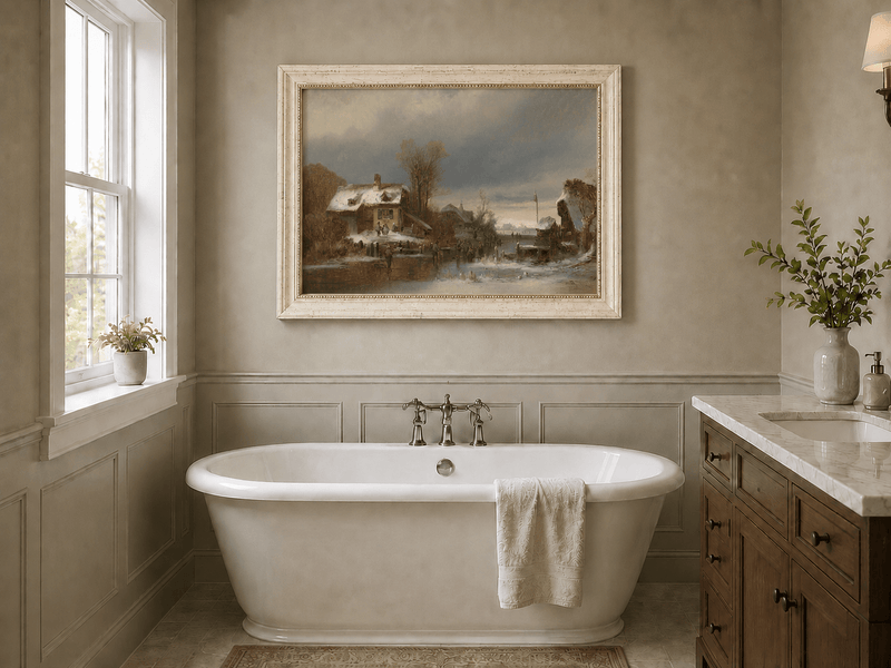 Peinture à l'huile de paysage - Gouffre rocheux spectaculaire avec personnages