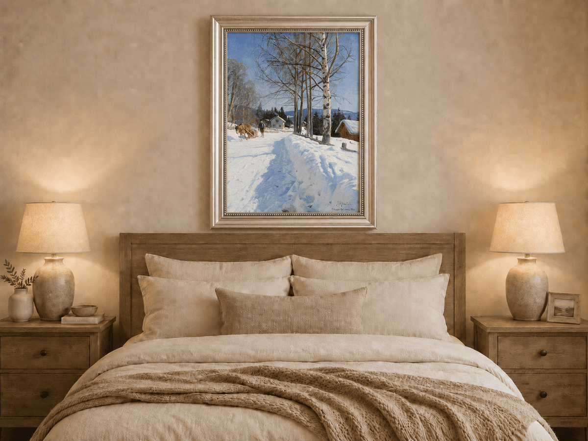Chemin du village d'hiver, bouleaux – Peinture à l'huile de paysage peinte à la main