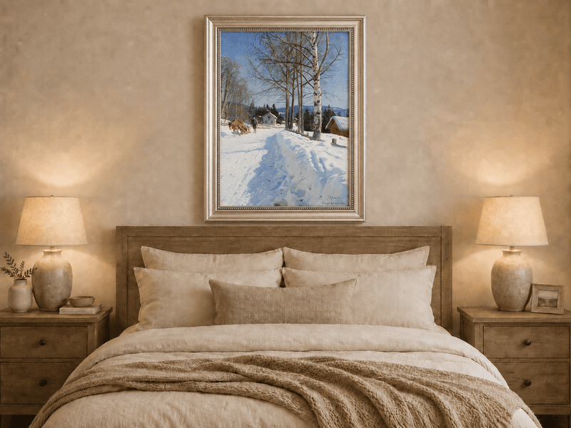 Chemin du village d'hiver, bouleaux – Peinture à l'huile de paysage peinte à la main