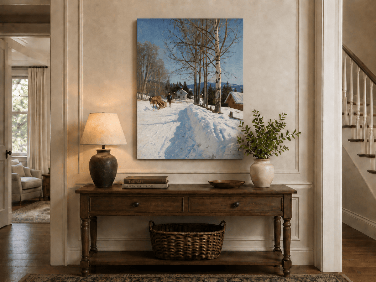 Chemin du village d'hiver, bouleaux – Peinture à l'huile de paysage peinte à la main