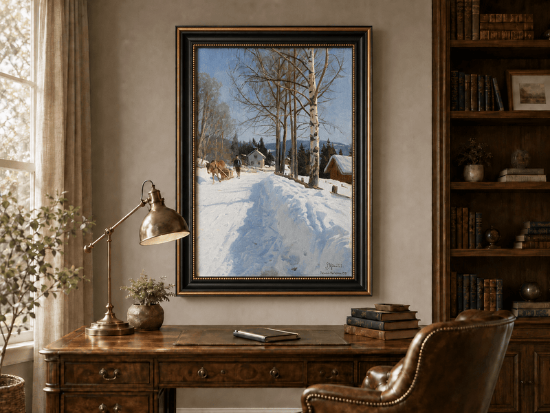 Chemin du village d'hiver, bouleaux – Peinture à l'huile de paysage peinte à la main