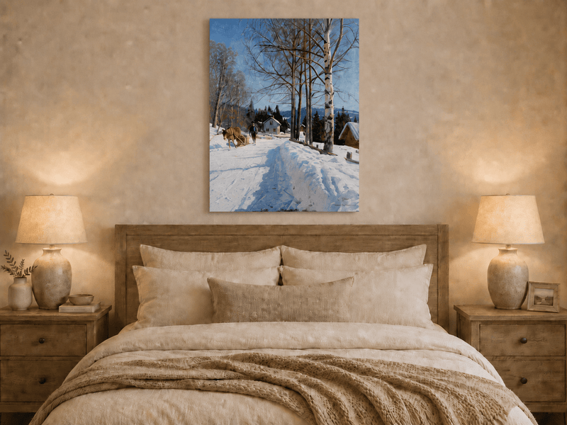 Chemin du village d'hiver, bouleaux – Peinture à l'huile de paysage peinte à la main
