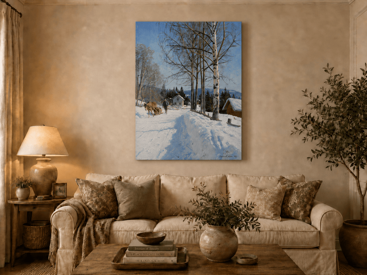 Chemin du village d'hiver, bouleaux – Peinture à l'huile de paysage peinte à la main