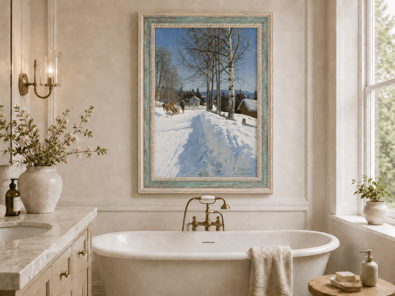 Chemin du village d'hiver, bouleaux – Peinture à l'huile de paysage peinte à la main