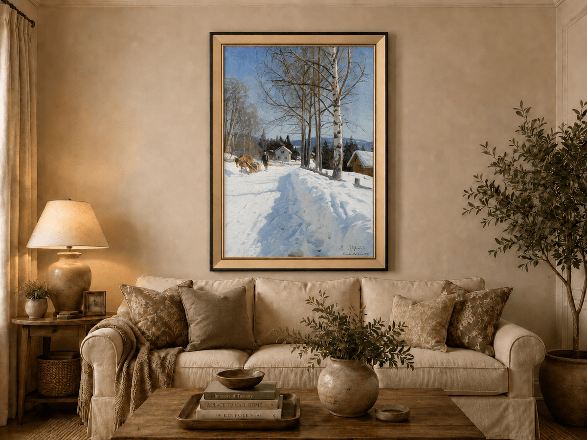 Chemin du village d'hiver, bouleaux – Peinture à l'huile de paysage peinte à la main