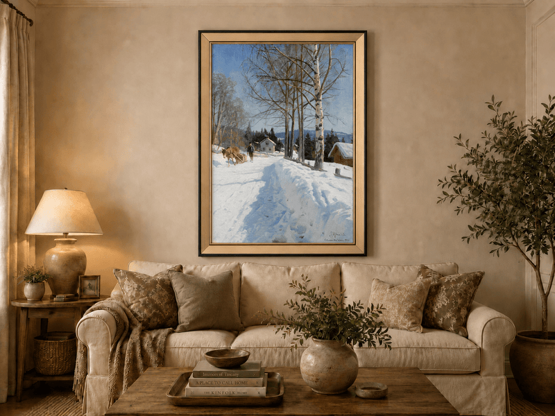 Chemin du village d'hiver, bouleaux – Peinture à l'huile de paysage peinte à la main