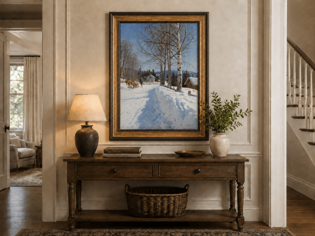 Chemin du village d'hiver, bouleaux – Peinture à l'huile de paysage peinte à la main