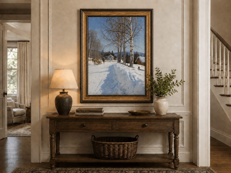 Chemin du village d'hiver, bouleaux – Peinture à l'huile de paysage peinte à la main