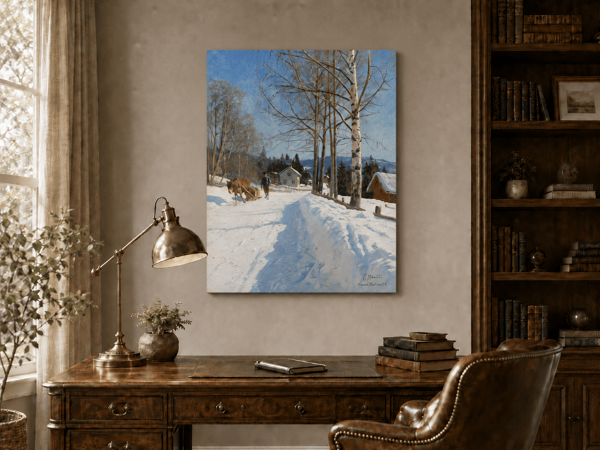 Chemin du village d'hiver, bouleaux – Peinture à l'huile de paysage peinte à la main