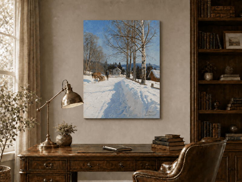 Chemin du village d'hiver, bouleaux – Peinture à l'huile de paysage peinte à la main