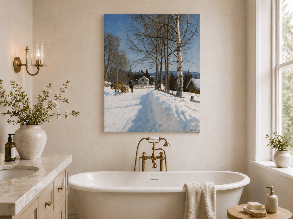 Chemin du village d'hiver, bouleaux – Peinture à l'huile de paysage peinte à la main