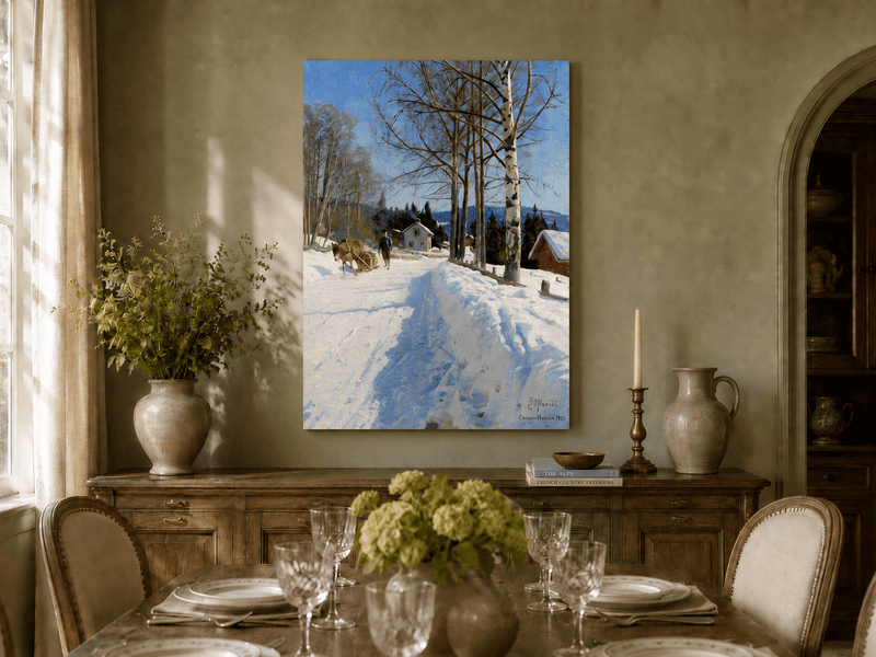 Chemin du village d'hiver, bouleaux – Peinture à l'huile de paysage peinte à la main