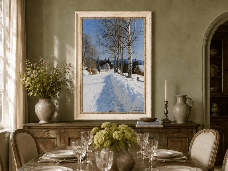 Chemin du village d'hiver, bouleaux – Peinture à l'huile de paysage peinte à la main