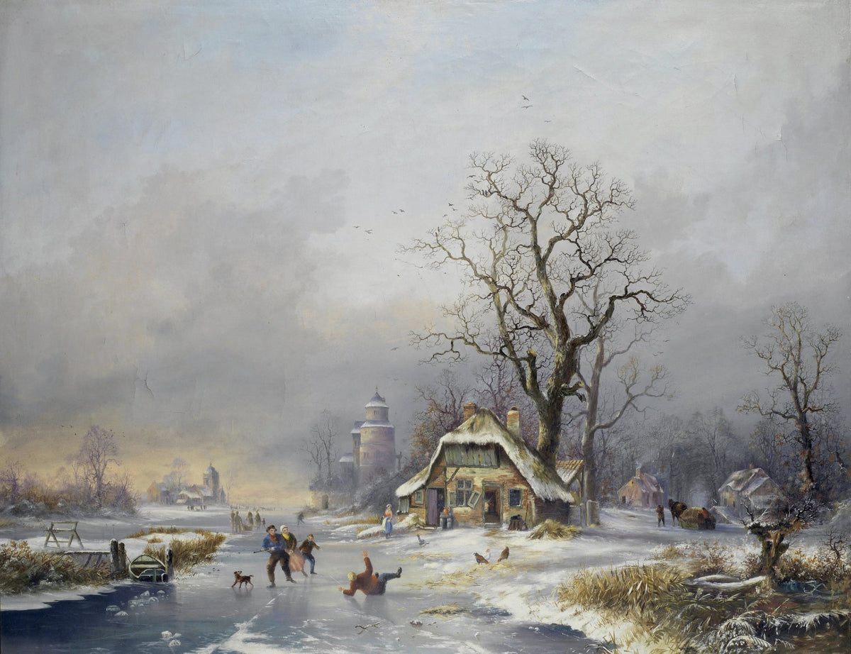 Landscape Oil Painting - Winter Village Scene with Figures on Ice