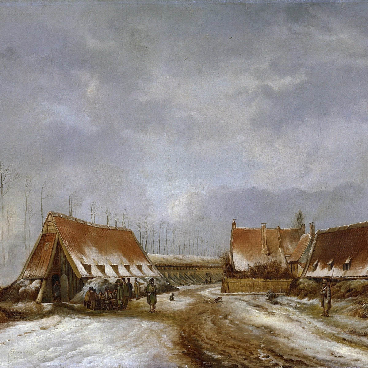 Landscape Oil Painting - Winter Village Scene with Rustic Farmhouses - Oil Painting Haven