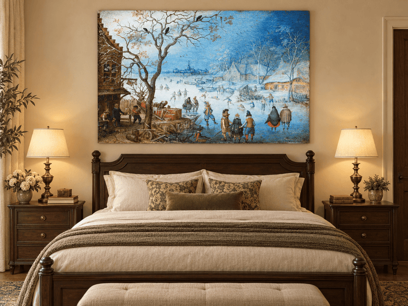 Landscape Oil Painting - Winter Village Skating on Frozen River