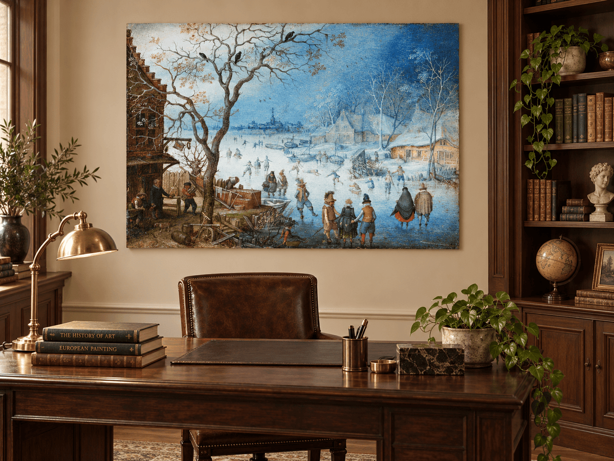 Landscape Oil Painting - Winter Village Skating on Frozen River