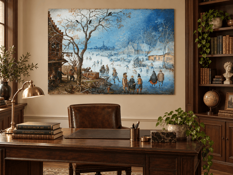 Landscape Oil Painting - Winter Village Skating on Frozen River