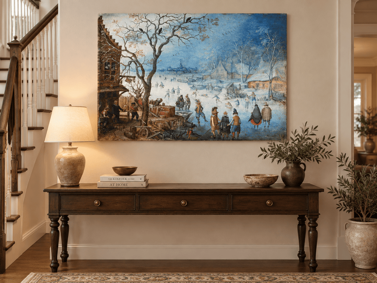 Landscape Oil Painting - Winter Village Skating on Frozen River