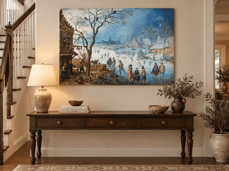 Landscape Oil Painting - Winter Village Skating on Frozen River