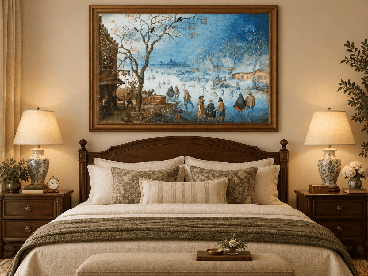 Landscape Oil Painting - Winter Village Skating on Frozen River