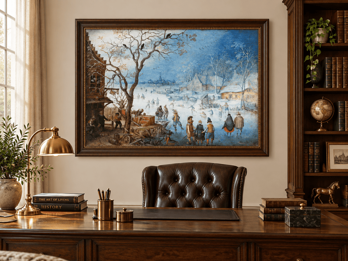 Landscape Oil Painting - Winter Village Skating on Frozen River