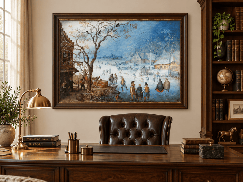 Landscape Oil Painting - Winter Village Skating on Frozen River