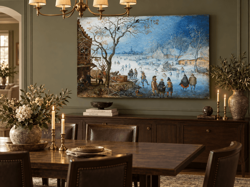 Landscape Oil Painting - Winter Village Skating on Frozen River
