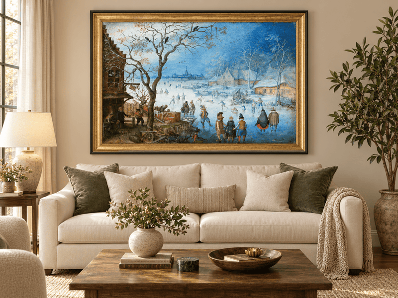Landscape Oil Painting - Winter Village Skating on Frozen River