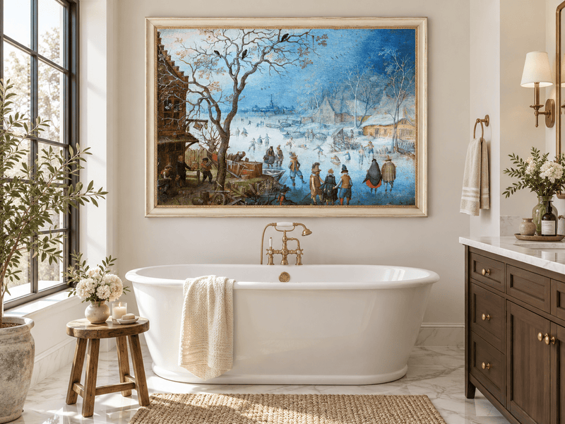 Landscape Oil Painting - Winter Village Skating on Frozen River