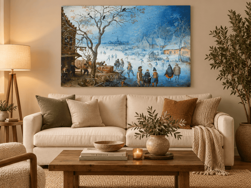 Landscape Oil Painting - Winter Village Skating on Frozen River